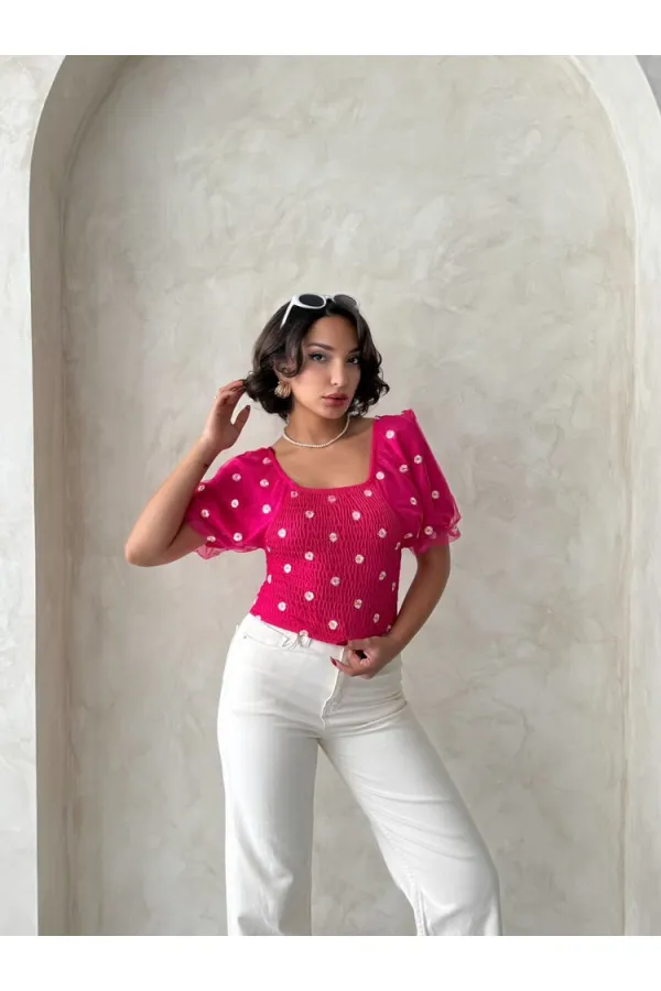 Topshow Fuchsia Gipe Detailed Patterned Chiffon Wholesale Blouse