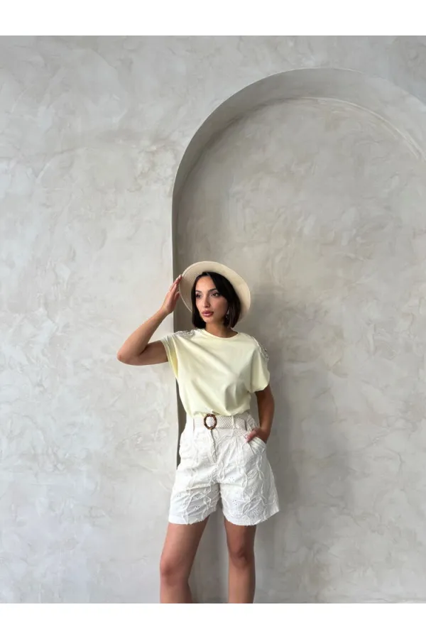 Omuzu Dantelli t-Shirt - Sarı - D2532 | Topshow