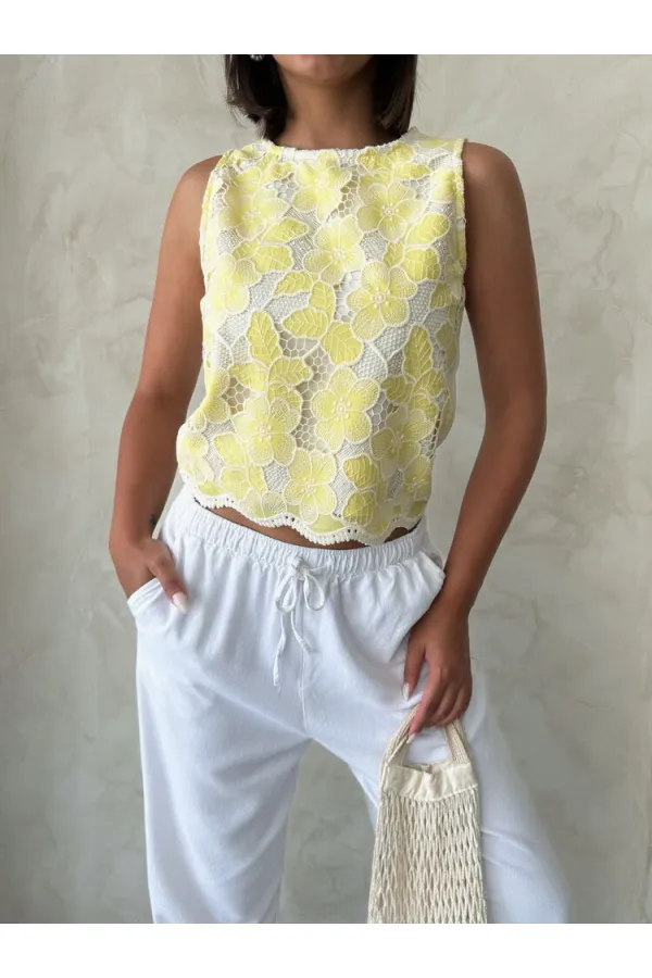 Dantel Kolsuz Bluz - Sarı | Topshow