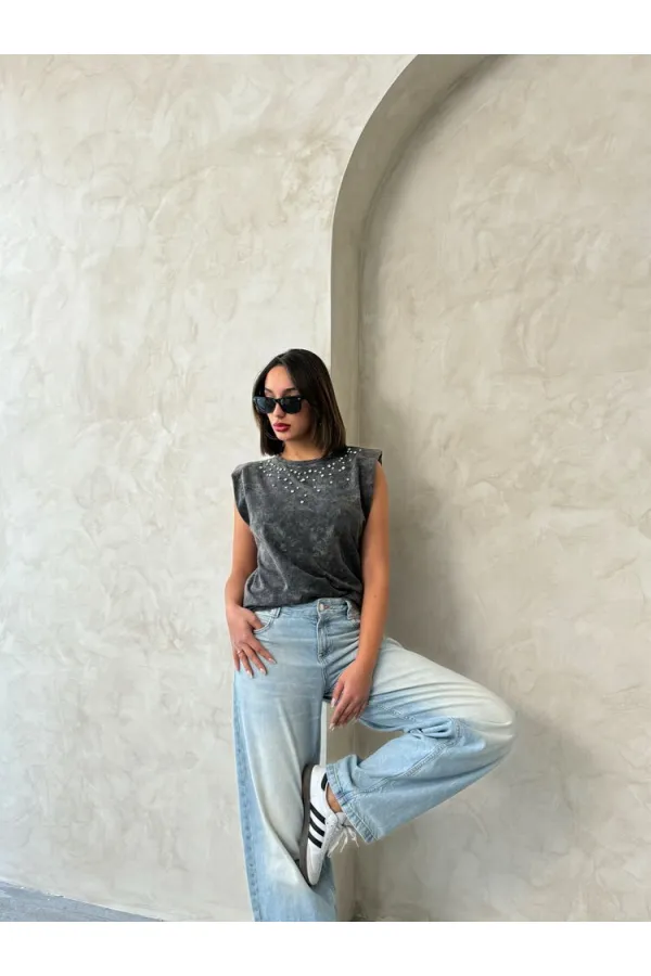 Blouse noire délavée avec détails en pierre - Vente en gros | Topshow