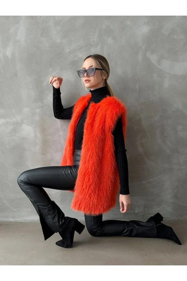 Tüylü Toptan Yelek - Oranj | TOPSHOW | F1567