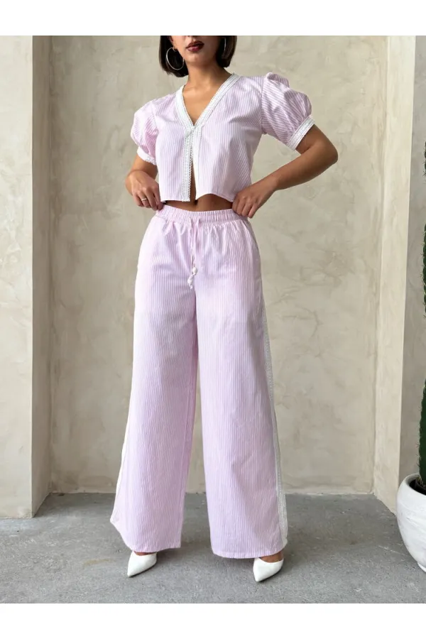 Güpür Detaylı Çizğili Pantolon - Pembe | Topshow
