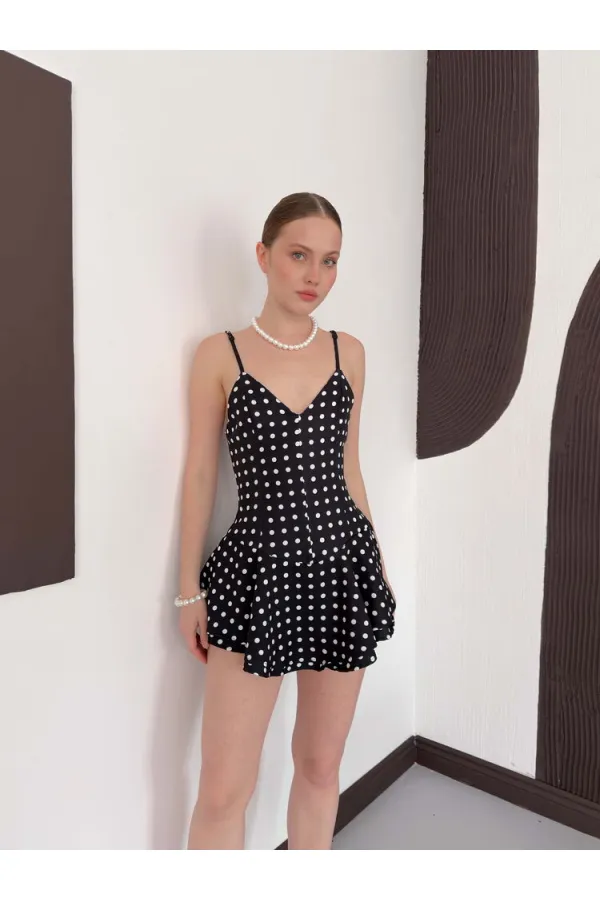 D3003  PUANTİYELİ ASKILI MİNİ ELBİSE - SİYAH KREM