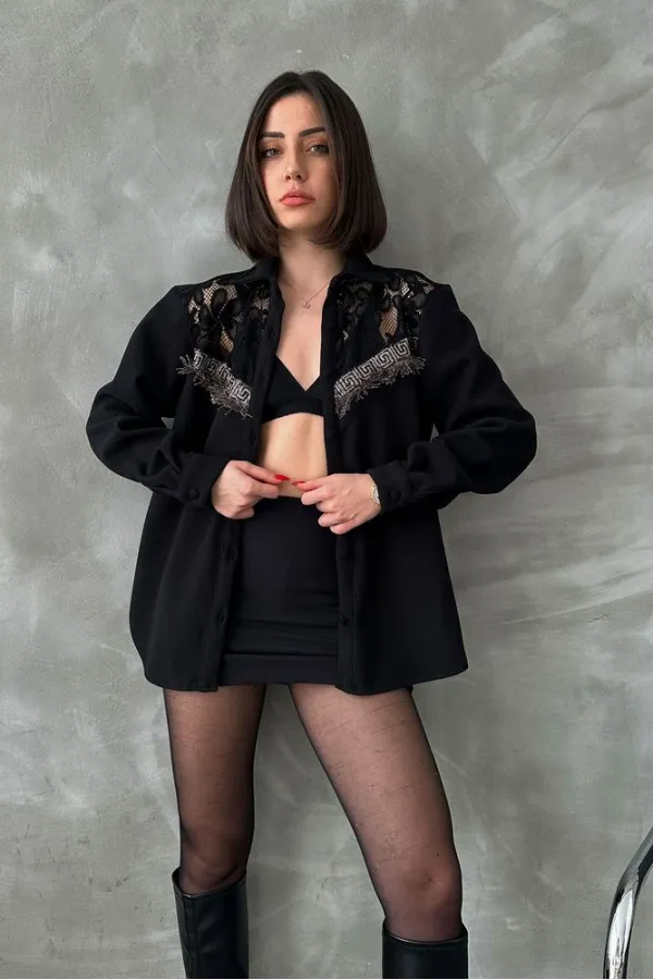 Detailed Wholesale Shirt - Black | TOPSHOW | F1578