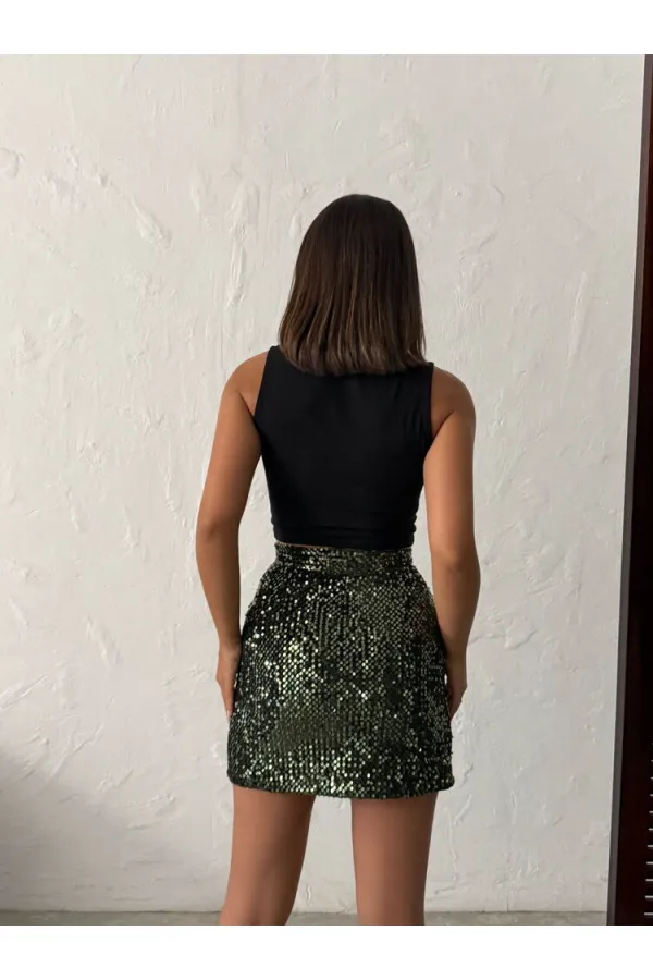 Topshow Sequined Velvet Mini Skirt - Khaki | F2054