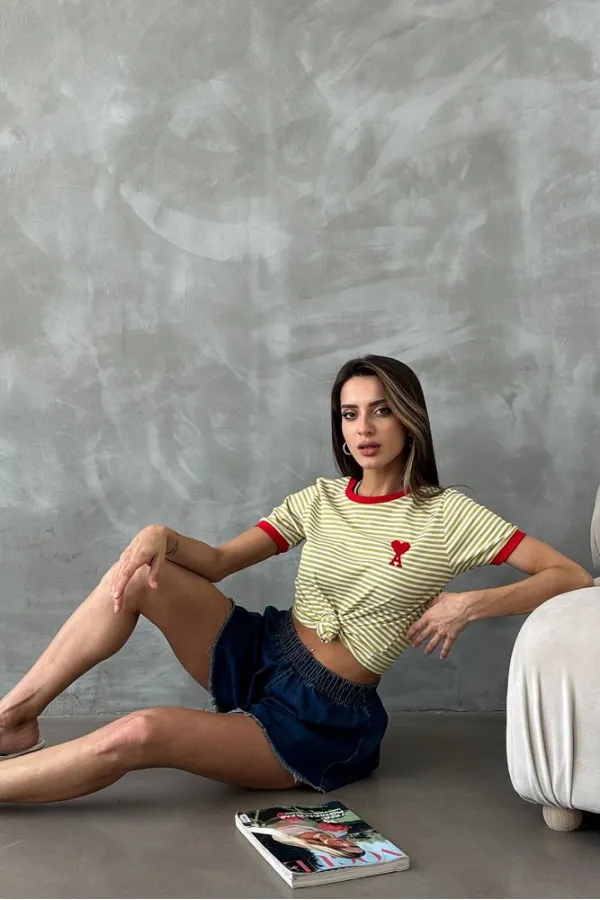 Topshow Fıstık Kırmızı Nakışlı Çizgili Toptan Tişört