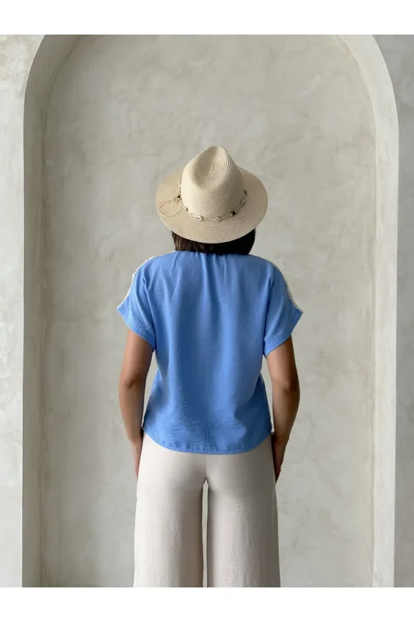 Blouse à lacets en gros - Bleue | Topshow