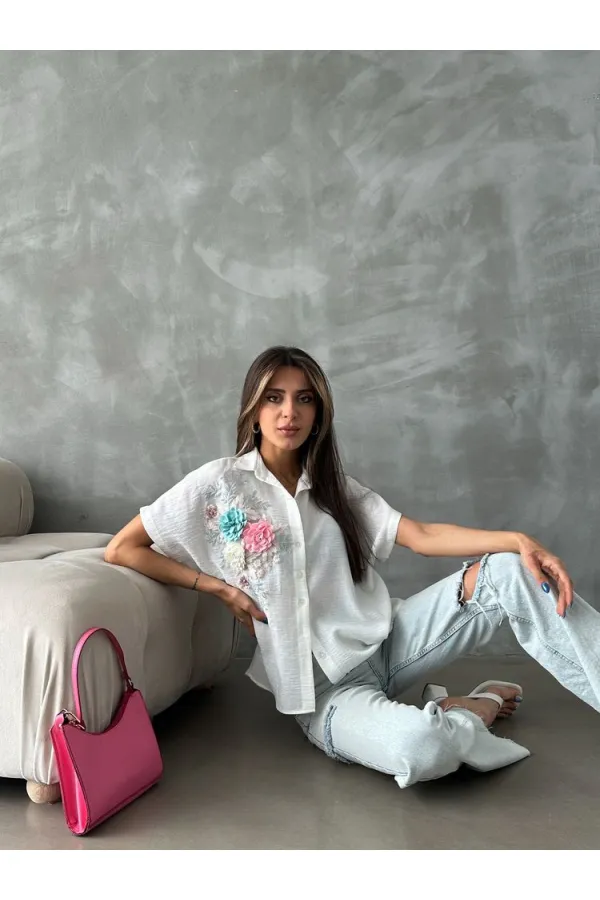 Topshow Krem Çiçek Detaylı Toptan Gömlek