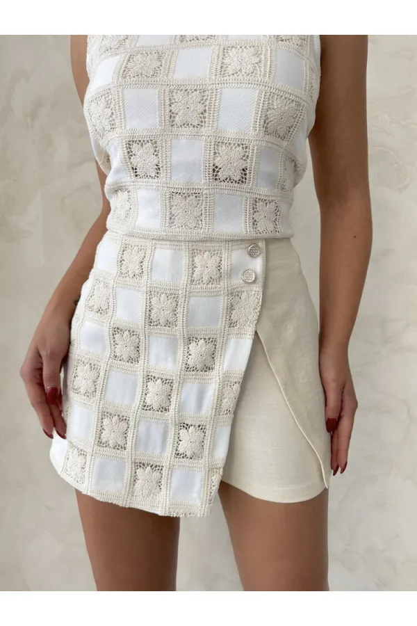 Lace Detailed Square Pattern Shorts Wholesale Skirt - Stone Cream | Topshow