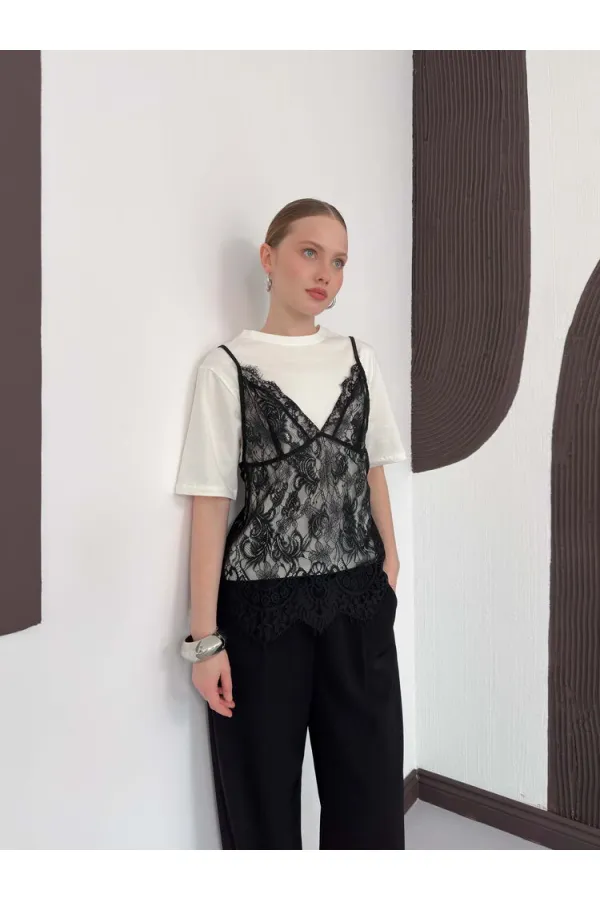 Penye Tunik Üstü Dantel Kısa Elbise - Krem | D3009 Topshow