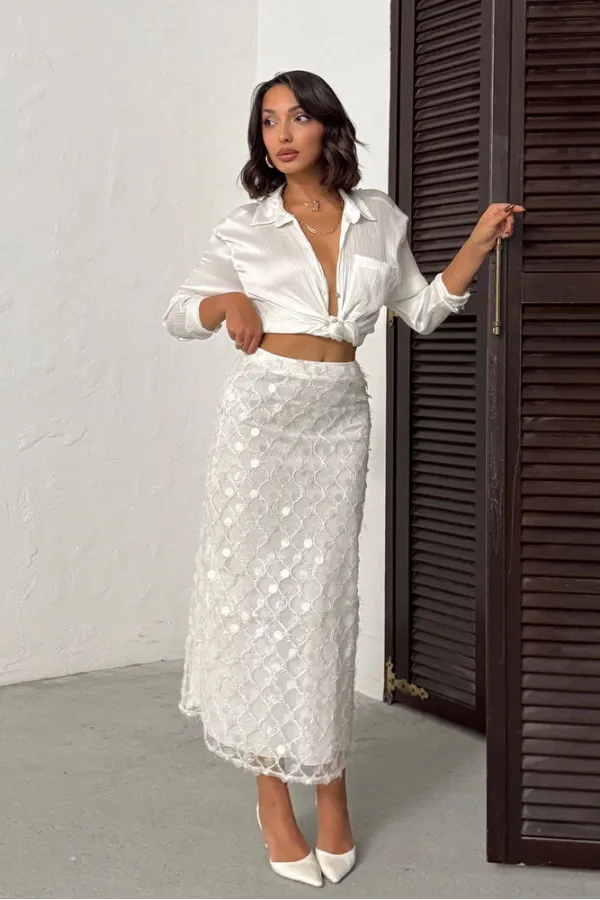 Jupe midi de soirée Topshow à sequins - Crème | Automne/Hiver 2012