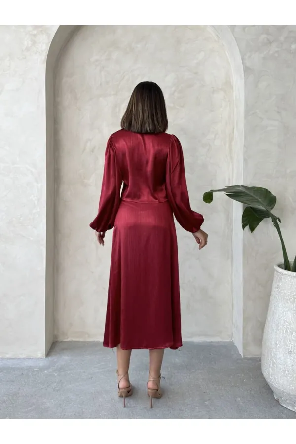 Kraşlı Saten Toptan Etek - Bordo | Topshow | F1915