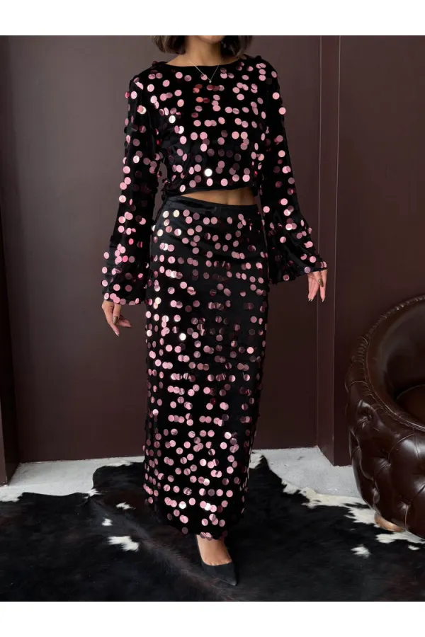 Topshow - Jupe en velours à sequins en gros - Noir et rose