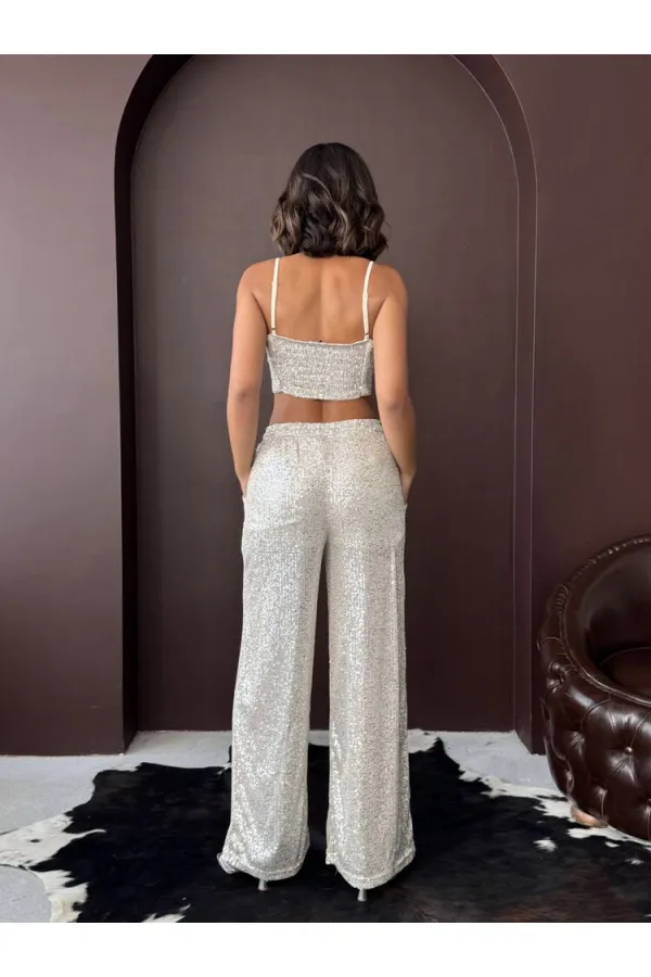 Topshow - Wholesale Sequined Wide Leg Women's Trousers - Stylish Night Outfit - Stone