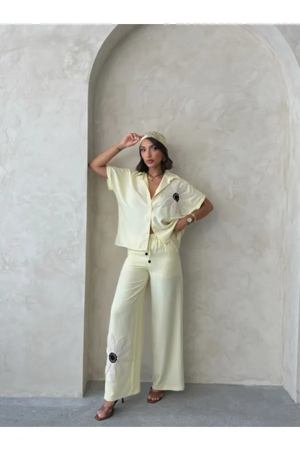 Çiçek Detaylı Pantolon - Sarı | Topshow