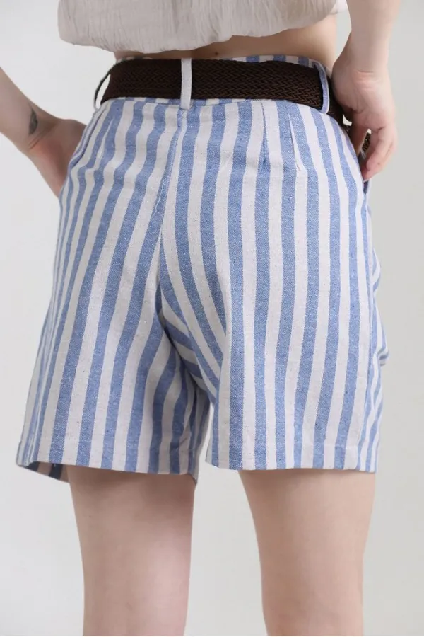 Topshow Mavi Çizgili Kemerli Keten Toptan Şort