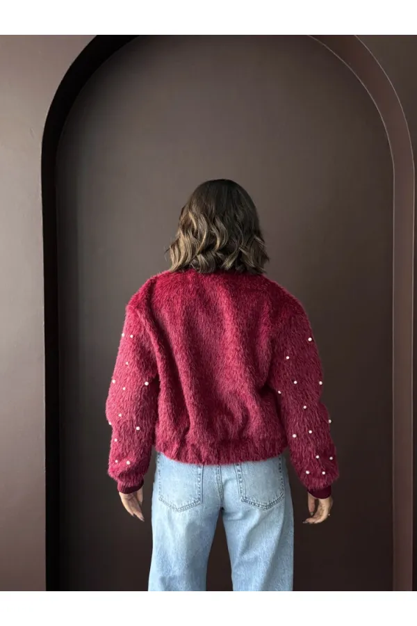 Topshow - Veste bomber en fausse fourrure (vente en gros) - Détails perles - Bordeaux