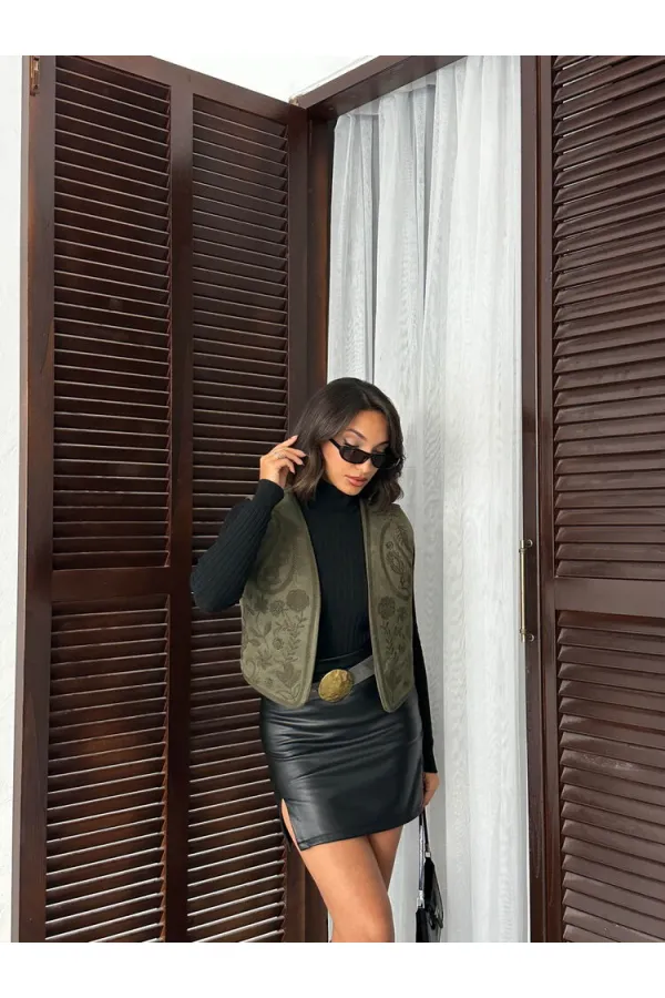 Topshow - Gilet en daim brodé en gros - Élégance style western - Kaki