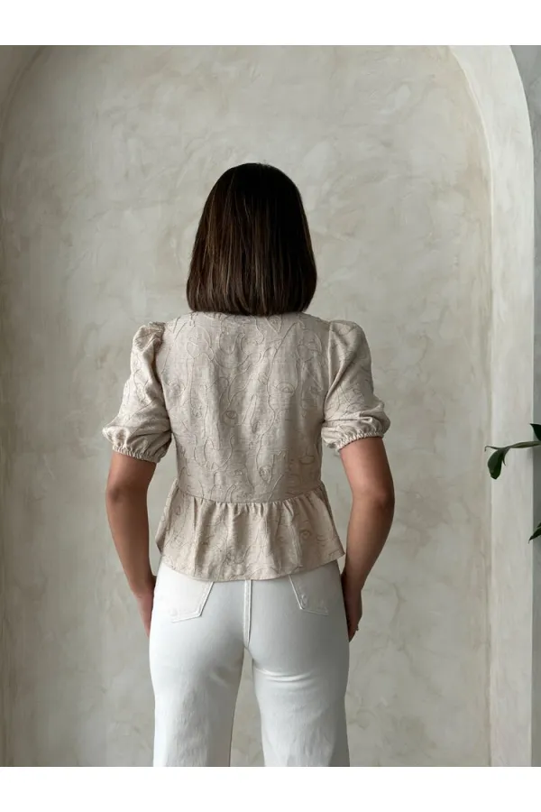 Önden Bağlamalı Nakışlı Toptan Bluz - Taş | Topshow