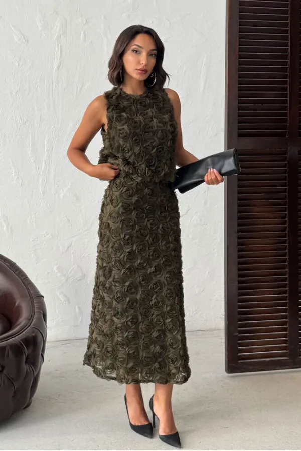 Topshow - Toptan Gül Süzüneli Kolsuz Bluz - Haki