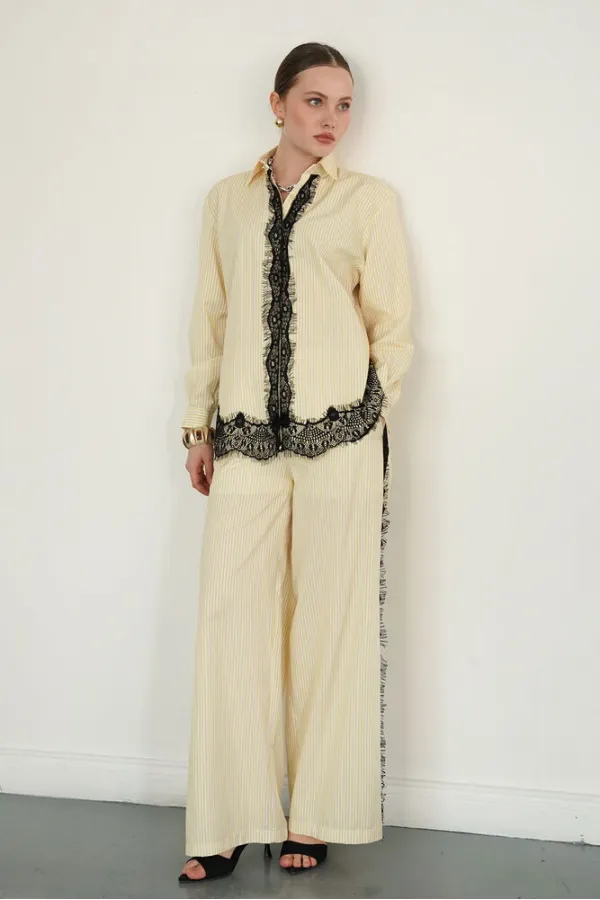 Lace Detail Striped Wholesale Trousers - Yellow | F2083 - Topshow