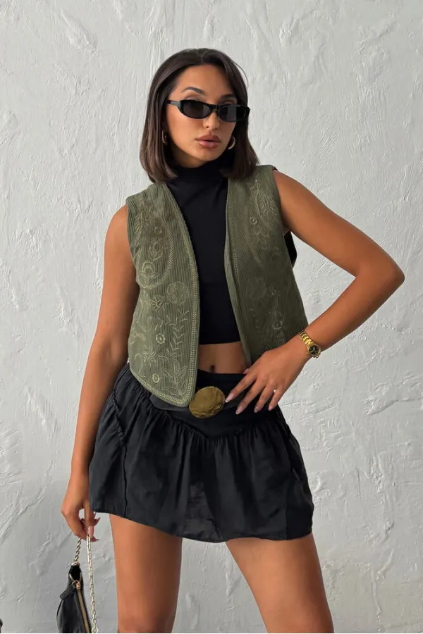 Topshow - Wholesale Corduroy Embroidered Vest - Khaki
