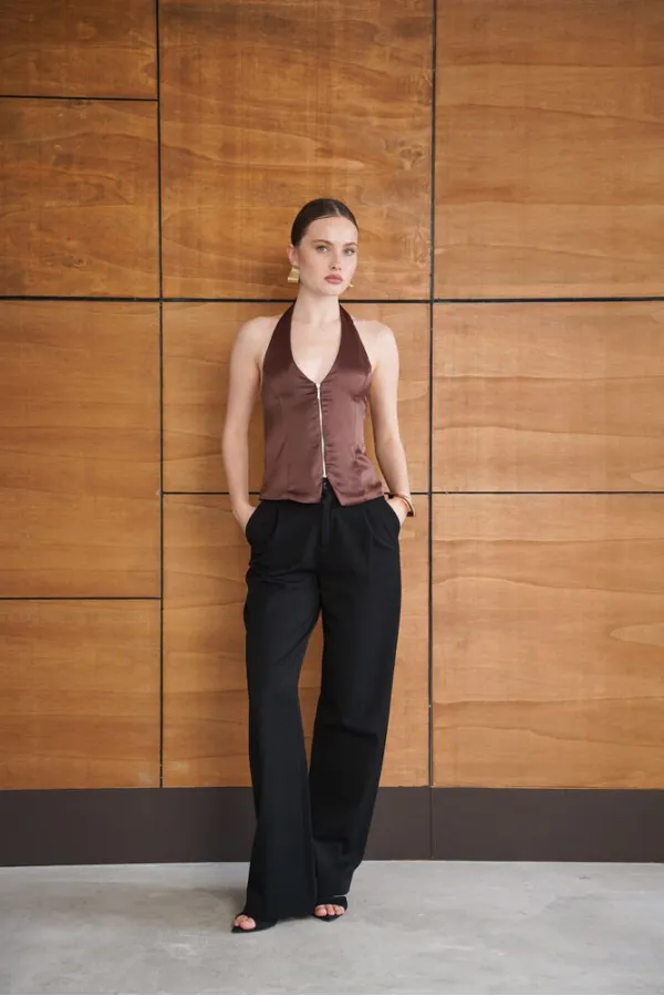 Satin Vest with Zipper - Coffee | D2952 - Topshow Satin Vest with Zipper - Coffee | D2952 - Topshow