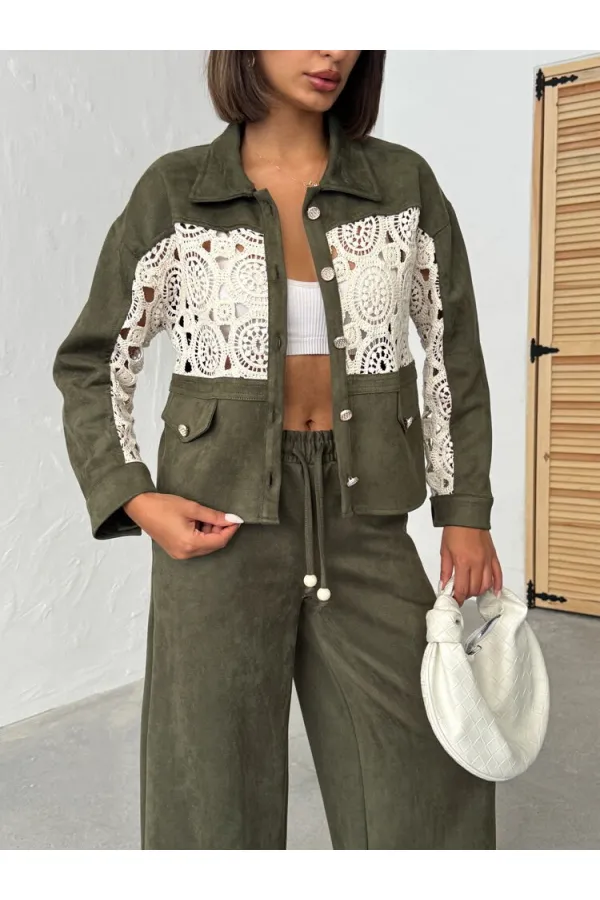 Veste-chemise femme en daim kaki avec détails en dentelle | Topshow | F1957