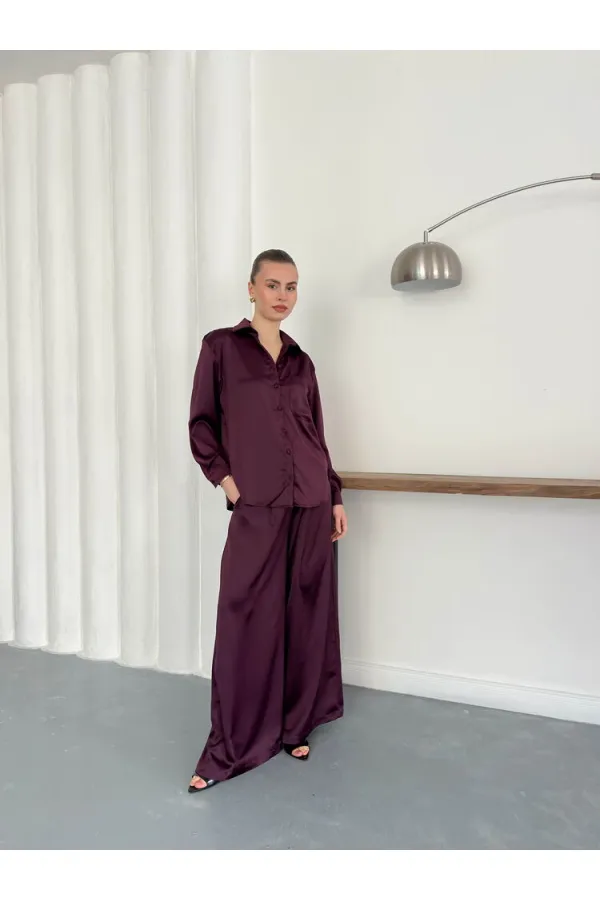 Yüksek Bel Bol Paça Saten Pantolon – Şık Ve Rahat Tasarım - Mürdüm | F2052