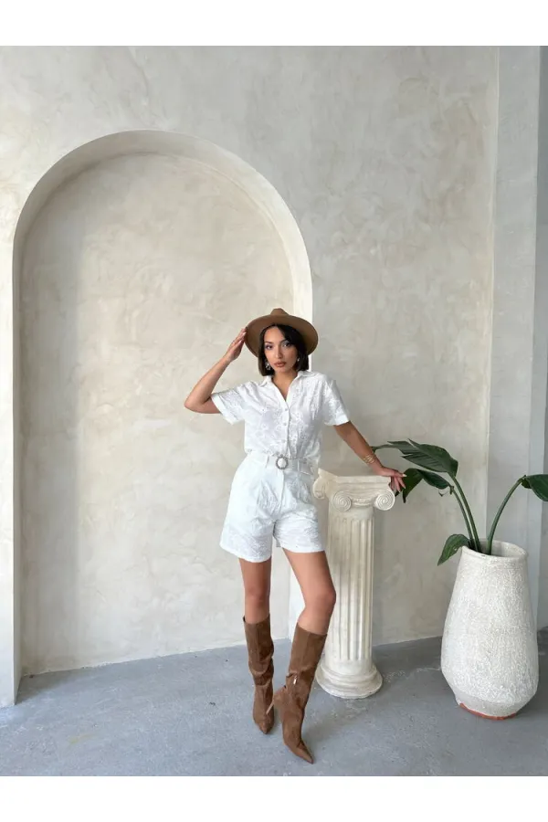 Nakışlı Vual Gömlek - Krem Topshow