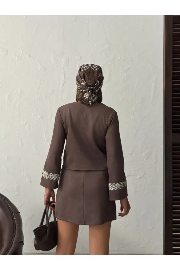 Topshow Stripe Detailed Scuba Suede Zippered Jacket - Brown | F1971