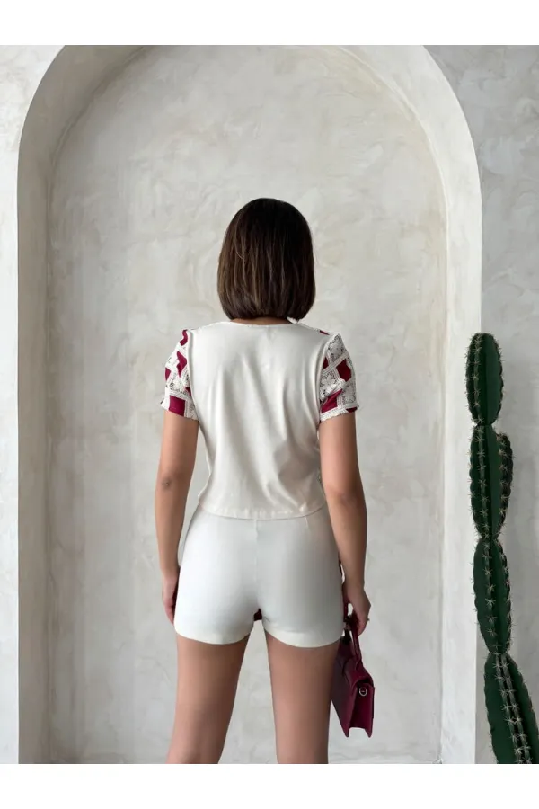 Kısa Kollu Dama Desen Tiğişi Bluz - Ham Bordo | Topshow