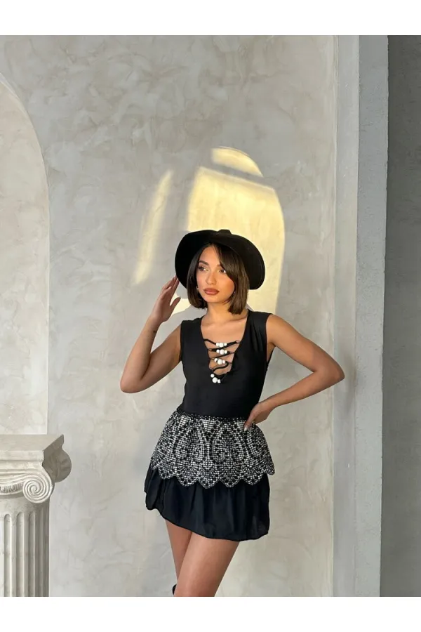 Nakışlı Kolsuz Toptan Bluz - Siyah Siyah | Topshow