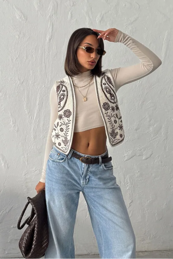 Topshow - Gilet en velours brodé en gros - Crème