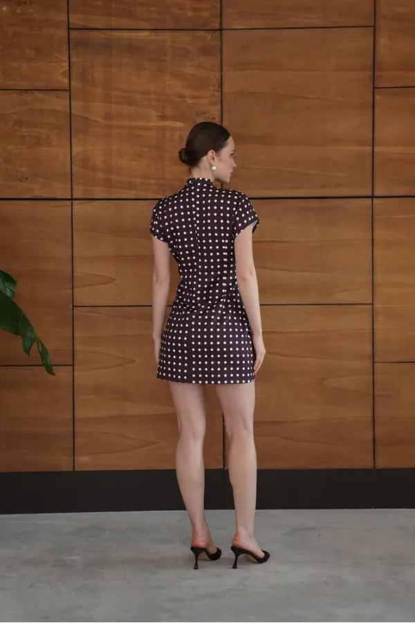 Polka Dot Satin Wholesale Dress - Brown | D2978 - Topshow