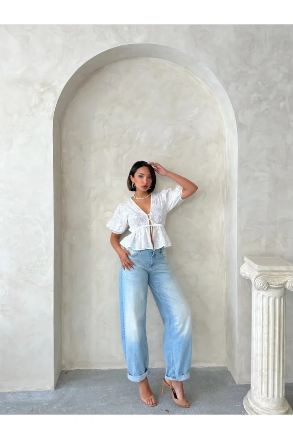 Front-Tie Embroidered Voile Blouse - Cream Topshow