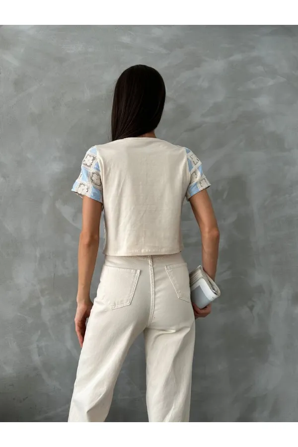 Topshow Raw Blue Short Sleeve Checkerboard Pattern Crochet Wholesale Blouse