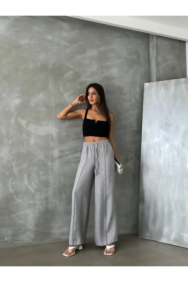 Pantalon droit en lin brodé - Gris | TOPSHOW | F1675