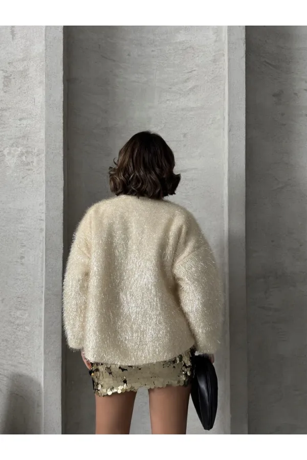 Simli Saçaklı Toptan Hırka - Krem | TOPSHOW | F1837