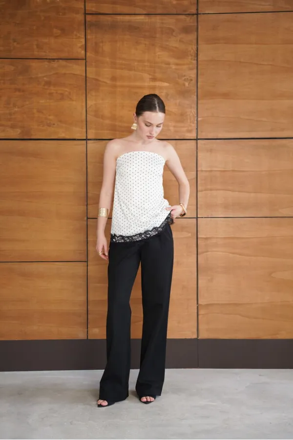 Polka Dot Lace Detail Satin Bustier - Cream | D2963 - Topshow