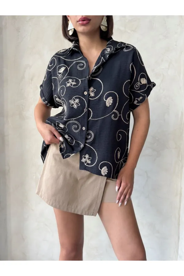 Nakışlı Toptan Gömlek   Siyah Desen 2 | Topshow