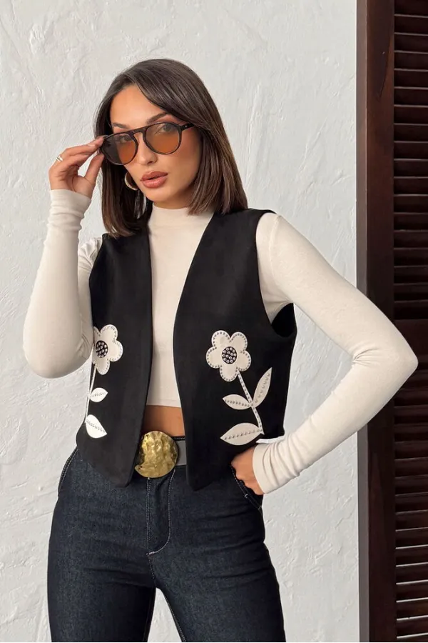 Gilet en daim scuba à applications Topshow - Noir | F2025