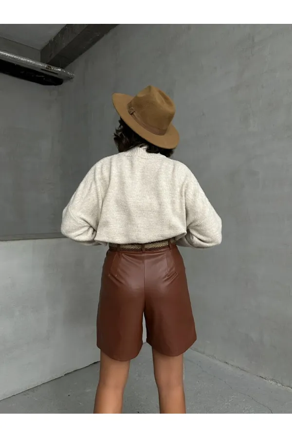 Kemerli Deri Toptan Şort - Taba | TOPSHOW | F1497