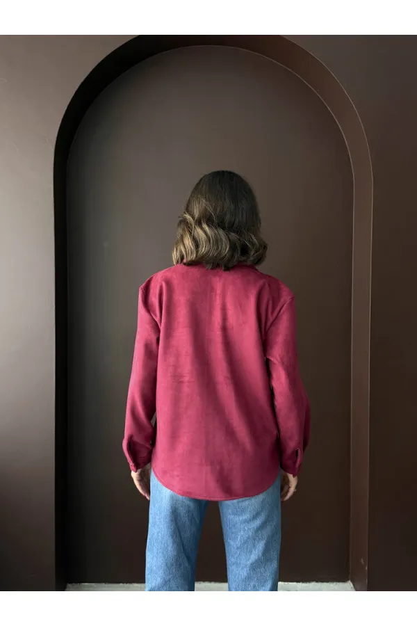 Topshow Şerit Detaylı Scuba Süet Toptan Gömlek - Mürdüm | F1973