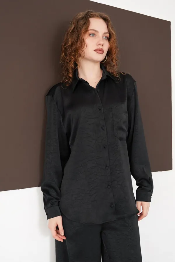 Chemise à manches longues en gros - Noire | F2101 - Topshow