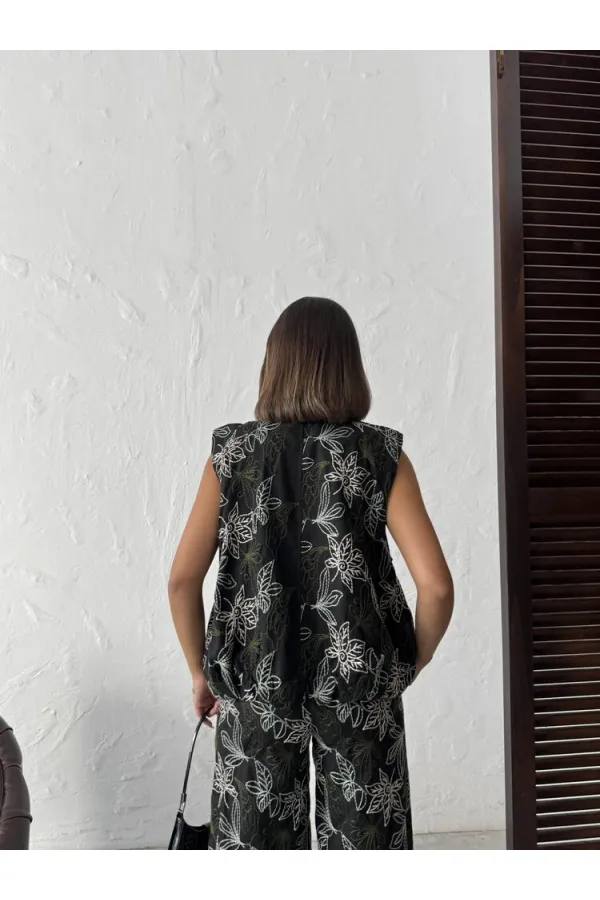 Topshow Embroidered Linen Zippered Wholesale Vest - Black | F2007