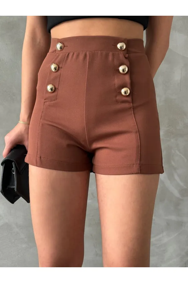 Topshow Koyu Kahve Süs Düğmeli Toptan Şort