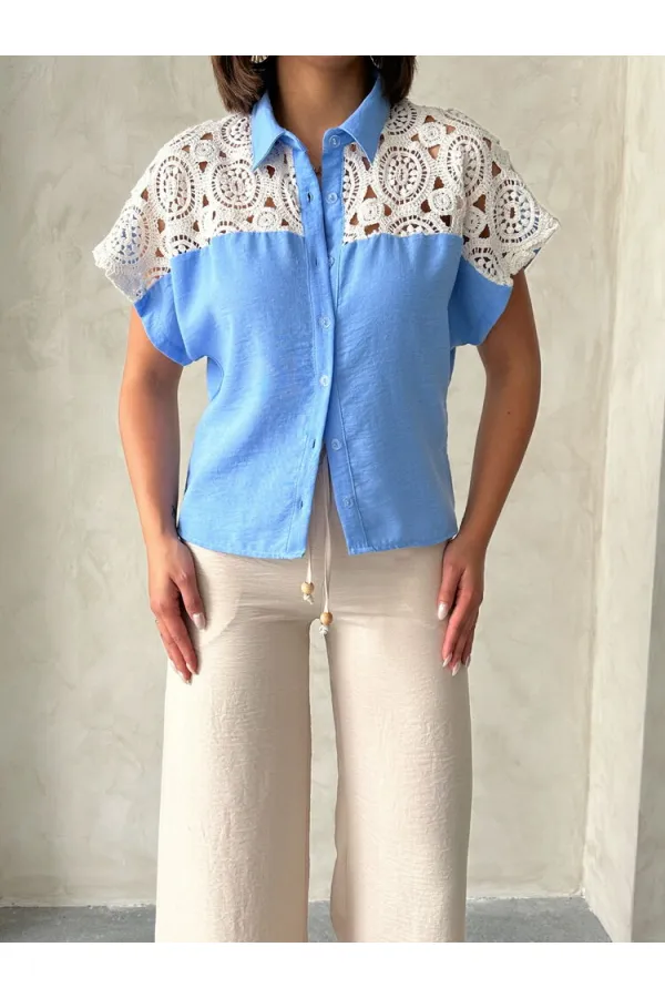 Blouse à lacets en gros - Bleue | Topshow