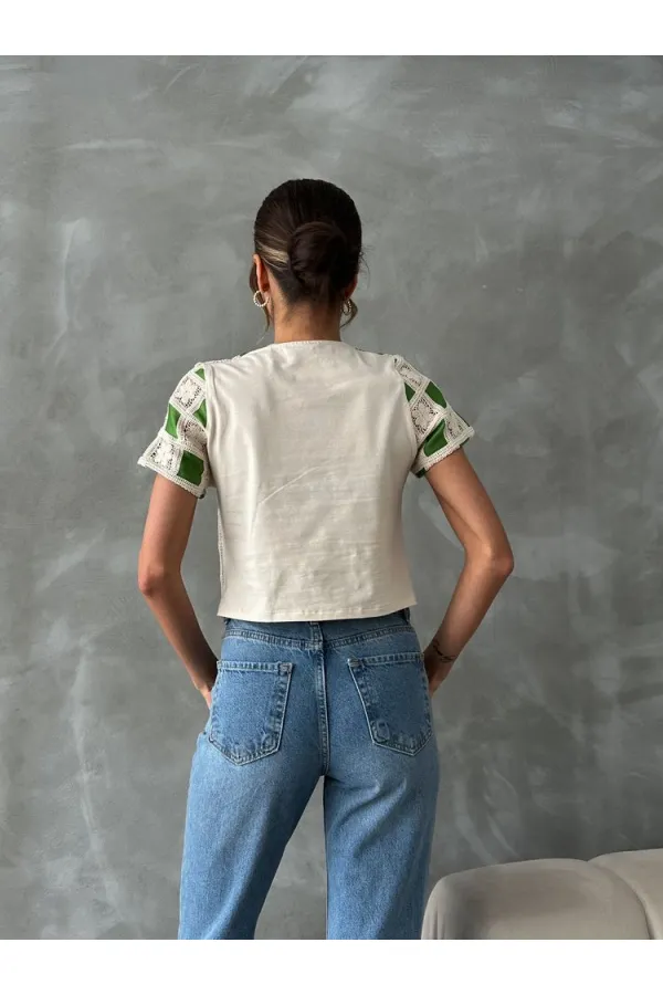 Topshow Raw Emerald Short Sleeve Checkerboard Pattern Crochet Wholesale Blouse