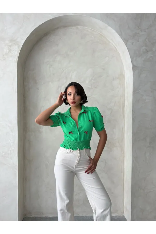 1 Fiyonklu Keten Toptan Gömlek - Zümrüt | Topshow